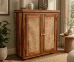 Amber Chest Cabinet with Cane Doors & Drawers In Honey Finish