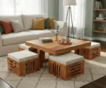 Solid Sheesham Wood Coffee Table with 4 Cushioned Stools