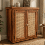 Amber Chest Cabinet with Cane Doors & Drawers In Honey Finish