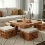 Solid Sheesham Wood Coffee Table with 4 Cushioned Stools