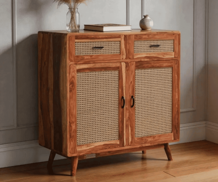 2 Amber Chest Cabinet with Cane Doors & Drawers In Honey Finish - Image 1