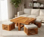 Solid Sheesham Wood Coffee Table with 4 Cushioned Stools - Image 6