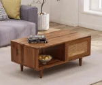 Solid Wood Cane Door Coffee Table with Open Shelf