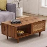 Solid Wood Cane Door Coffee Table with Open Shelf