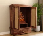 Amogh Sheesham Wood Home Temple with Cane Doors & Drawer Storage