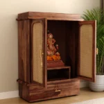 Amogh Sheesham Wood Home Temple with Cane Doors & Drawer Storage