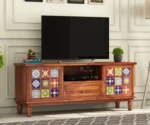 Boho Sheesham Wood Tv Cabinet with Ceramic Tiles & Storage