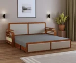 EDIN Solid Sheesham Wood 3 Seater Sofa Cum Bed With Upholstered Headboard and Brass Detailing