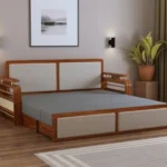 EDIN Solid Sheesham Wood 3 Seater Sofa Cum Bed With Upholstered Headboard and Brass Detailing