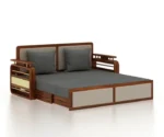 EDIN Solid Sheesham Wood 3 Seater Sofa Cum Bed With Upholstered Headboard and Brass Detailing - Image 4
