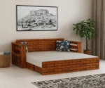 Italian Solid Sheesham Wood 3 Seater Sofa Cum Bed With Headboard and Mini Storage