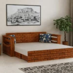 Italian Solid Sheesham Wood 3 Seater Sofa Cum Bed With Headboard and Mini Storage