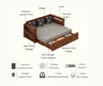 Italian Solid Sheesham Wood 3 Seater Sofa Cum Bed With Headboard and Mini Storage - Image 9