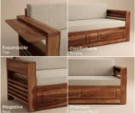Lurid Solid Sheesham Wood 3 Seater Sofa Cum Bed Walnut with Side Pockets - Image 10