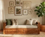 Lurid Solid Sheesham Wood 3 Seater Sofa Cum Bed Walnut with Side Pockets - Image 3