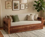 Lurid Solid Sheesham Wood 3 Seater Sofa Cum Bed Walnut with Side Pockets - Image 5