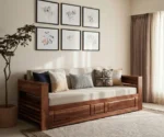 Lurid Solid Sheesham Wood 3 Seater Sofa Cum Bed Walnut with Side Pockets