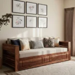 Lurid Solid Sheesham Wood 3 Seater Sofa Cum Bed Walnut with Side Pockets