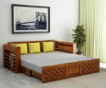Lurid Solid Sheesham Wood 3 Seater Sofa Cum Bed Walnut with Side Pockets