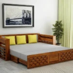 Lurid Solid Sheesham Wood 3 Seater Sofa Cum Bed Walnut with Side Pockets