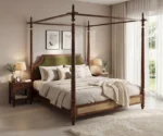 Samrat Sheesham Wood and Cane Upholstered Poster Bed Without Storage