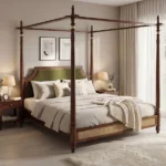 Samrat Sheesham Wood and Cane Upholstered Poster Bed Without Storage