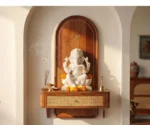 Shoonya Sheesham Wood Home Temple with Brass Detailing and Cane Accents
