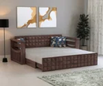Italian Solid Sheesham Wood 3 Seater Sofa Cum Bed With Headboard and Mini Storage