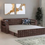 Italian Solid Sheesham Wood 3 Seater Sofa Cum Bed With Headboard and Mini Storage