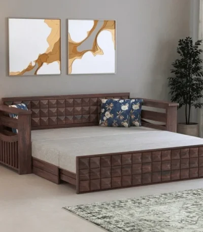 Italian Solid Sheesham Wood 3 Seater Sofa Cum Bed With Headboard and Mini Storage