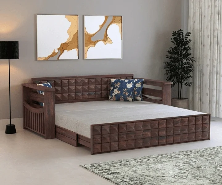Italian Solid Sheesham Wood 3 Seater Sofa Cum Bed With Headboard and Mini Storage
