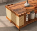 Solid Wood Cane Panel Coffee Table with Open Shelf - Image 3