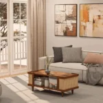 Solid Wood Cane Panel Coffee Table with Open Shelf