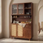 Tripti Classic Kitchen Cabinet with Fluted Glass, Cane Weave & Brass Knobs